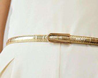 skinny gold belt for dress Gold Leather Belt, Skinny Leather Belt, Gold Belt , Women Belt Gold ,  Skinny Belt for Dress