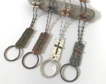 Antiqued Metal Cross Pendant Lanyard, Religious Lanyard, Badge Holder Necklace, ID Holder, Four Finishes