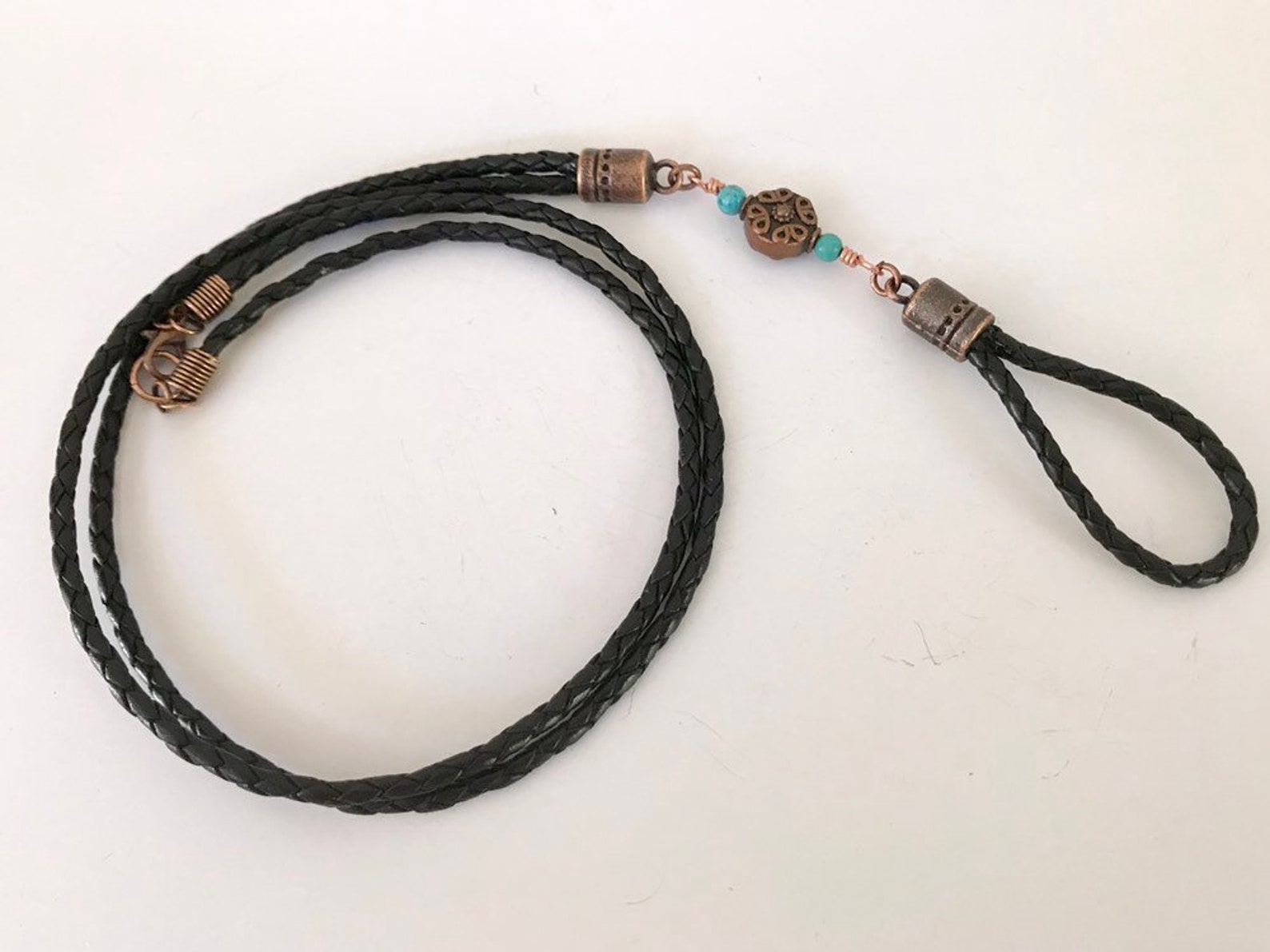 Men's Black Braided Eyeglass Lanyard, Unisex Eyeglass Holder, Leather