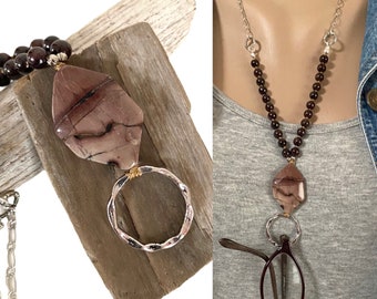 Shades of Wine Picture Jasper and Garnet Knotted Antiqued Silver Lanyard, Eyeglass Holder Necklace