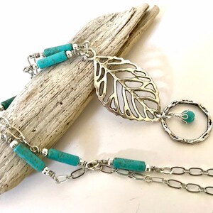 Antiqued Silver Leaf and Turquoise Eyeglass Lanyard, ID Necklace, Eyeglass Holder Necklace