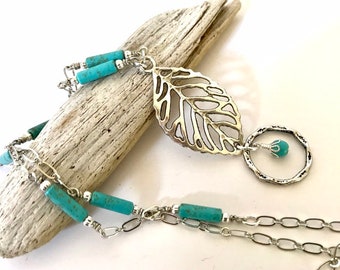 Antiqued Silver Leaf and Turquoise Eyeglass Lanyard, ID Necklace, Eyeglass Holder Necklace