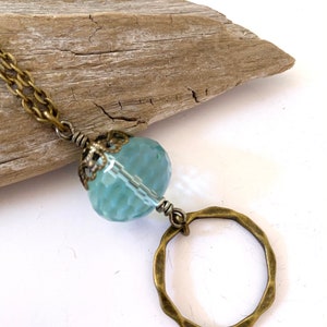 Vintage Inspired Antique Brass and Faceted Rhondelle Minimalist Eyeglass Lanyard Ocean blue