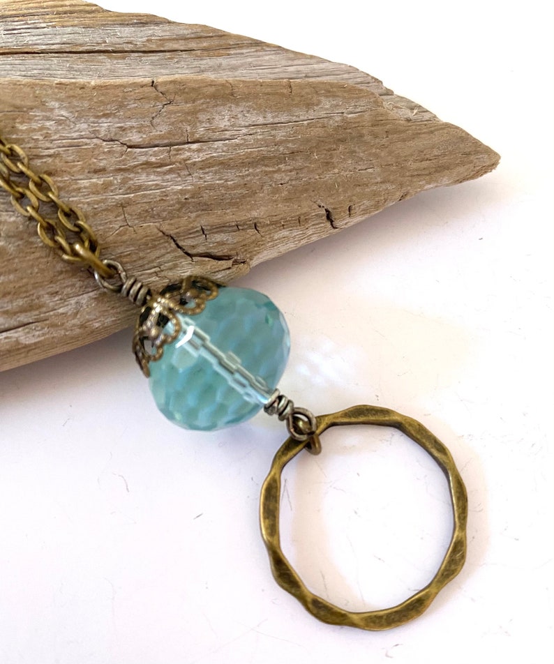 Vintage Inspired Antique Brass and Faceted Rhondelle Minimalist Eyeglass Lanyard Ocean blue