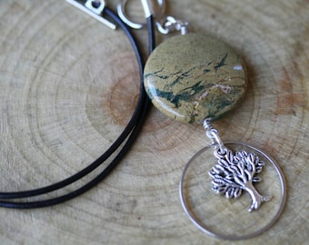 Dark Green Verdite Leather Corded Front Closure Tree of Life Eyeglass OR Badge Holder Necklace