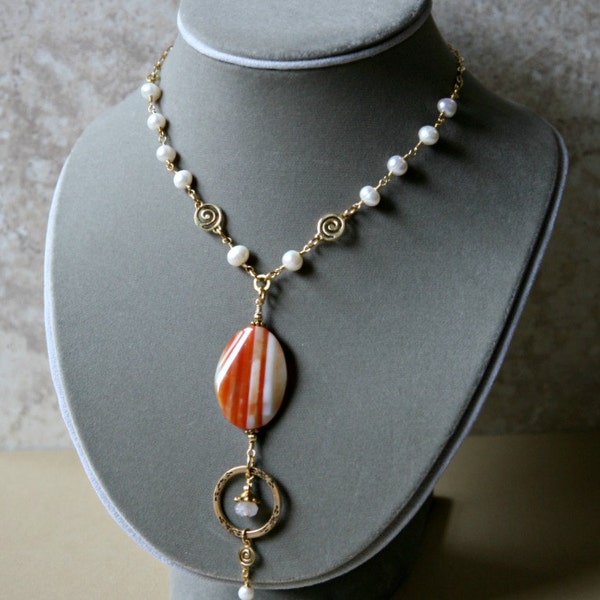 Eyeglass Necklace, ID Holder, Lanyard, Banded Agate and Pearls Gold Accented Eyeglass Holder Necklace