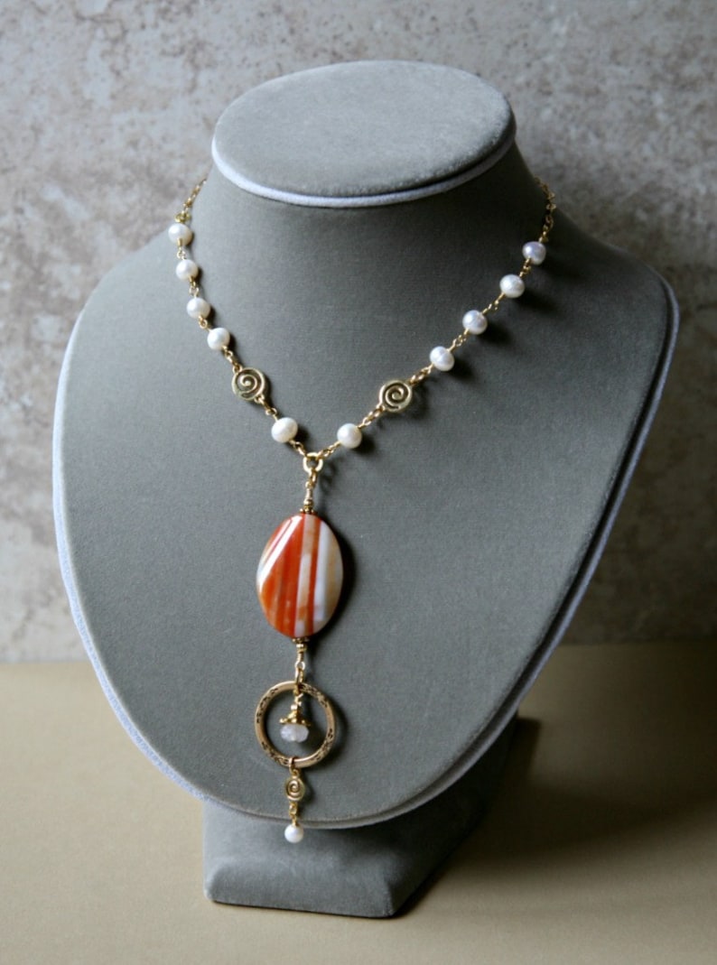 Eyeglass Necklace, ID Holder, Lanyard, Banded Agate and Pearls Gold