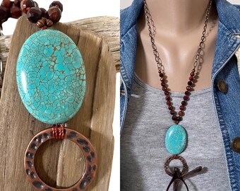 Puffed Turquoise Magnesite and Red Tiger Eye Knotted Antiqued Copper Lanyard, Eyeglass Holder Necklace