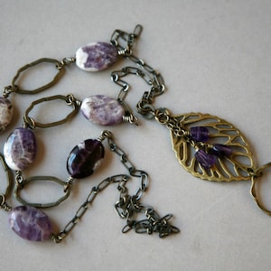 Vintage Inspired Purple Cape Amethyst and Brass Filigree Leaf - Etsy