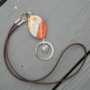 Orange and Cream Lanyard, Gemstone Eyeglass Necklace, ID Badge Holder, Front Closure. Leather Cord Lanyard, Eyeglass Holder, Sporty Lanyard