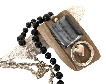 Black and White Striped Agate and Black Onyx Knotted Antiqued Silver Heart Charm Lanyard, Eyeglass Holder Necklace