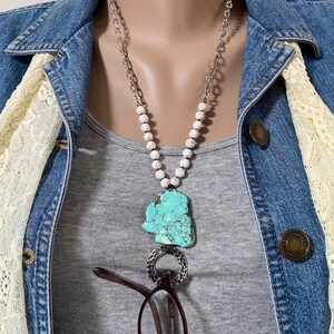 Freeform Turquoise Magnesite and White Magnesite Knotted Antiqued Silver Lanyard, Eyeglass Holder Necklace image 2