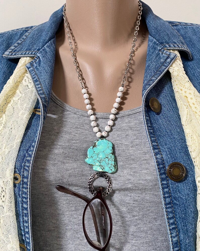 Freeform Turquoise Magnesite and White Magnesite Knotted Antiqued Silver Lanyard, Eyeglass Holder Necklace image 2