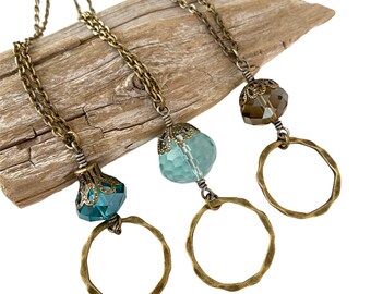 Vintage Inspired Antique Brass and Faceted Rhondelle Minimalist Eyeglass Lanyard