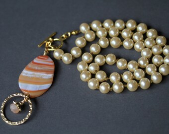 Orange and White Agate and Pearl Knotted Eyeglass Holder Necklace Badge Lanyard, Eyeglass Lanyard, ID Holder, ID Lanyard