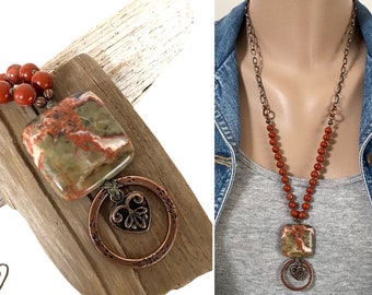 Shades of Autumn Rainforest And Red Jasper Knotted Copper Lanyard, Eyeglass Holder Necklace