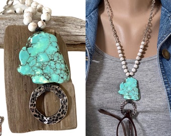 Freeform Turquoise Magnesite and White Magnesite Knotted Antiqued Silver Lanyard, Eyeglass Holder Necklace