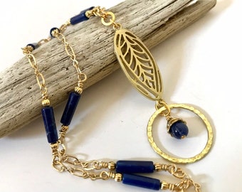 Matte Gold Stencil Pendant Blue Sodalite Eyeglass Lanyard, ID Holder Necklace, Badge Necklace, Blue Lanyard