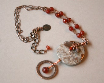 Mushroom Ryolite, Carnelian and Antiqued Copper Eyeglass/Badge Holder Lanyard