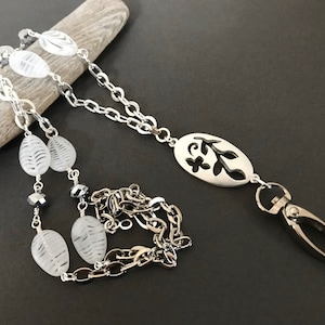 Matte Silver Stencil Pendant ID Badge Lanyard, White Badge Holder Necklace,  ID Lanyard