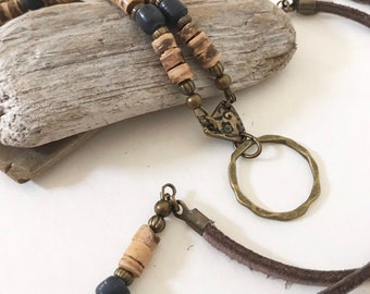 Leather Cord, Wood Bead Eyeglass Lanyard, ID Badge Holder, Sporty Unisex Lanyard, Eyeglass Holder