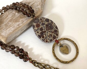 Chocolate Brown and Antiqued Brass Gemstone Eyeglass Lanyard, Eyeglass Necklace, ID Holder