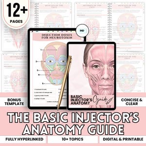 May include: A digital anatomy guide for injectors featuring 12+ pages of facial muscle and artery diagrams. The guide includes injection dose charts for neurotoxins, a gold stylus, and clear illustrations of facial structures on tablet screens.