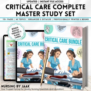 May include: A study set titled "Critical Care Complete Master Study Set" with a digital version and flashcards. The set includes 115+ pages and 40 topics. The cover features illustrations of medical professionals attending to a patient.
