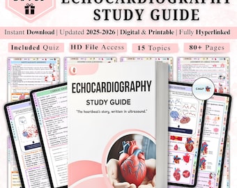 Peut inclure: Un guide d'étude médicale intitulé "ECHOCARDIOGRAPHY STUDY GUIDE" avec le texte "The heartbeat's story, written in ultrasound." La couverture présente une illustration de cœur. L'image comprend du matériel d'étude numérique et le texte "Instant Download | Updated 2025-2026 | Digital & Printable | Fully Hyperlinked".