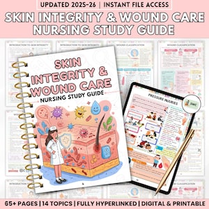 Könnte beinhalten: Ein Pflege-Leitfaden mit dem Titel "Skin Integrity & Wound Care" mit Spiralbindung. Das Cover zeigt eine Illustration der Hautschichten und eine Krankenschwester. Ein Tablet zeigt eine Seite über Druckgeschwüre. Text: "65+ Seiten | 14 Themen".