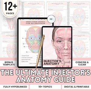 Puede incluir: Guía de anatomía digital para inyectores. La guía presenta ilustraciones detalladas de los músculos y arterias faciales, dosis de inyección y una plantilla de bonificación. El texto incluye "The Ultimate Injector's Anatomy Guide", "Digital & Printable" y "Concise & Clear".