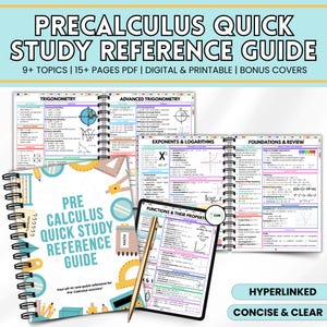 Könnte beinhalten: Ein Precalculus Quick Study Reference Guide mit dem Text "Precalculus Quick Study Reference Guide" auf dem Cover. Der Leitfaden umfasst Themen wie Trigonometrie, Exponenten und Funktionen. Das Bild zeigt auch ein Tablet mit mathematischen Formeln und einem Stift.