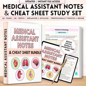May include: A medical assistant study set featuring a book and digital bundle. The book cover displays "Medical Assistant Notes & Cheat Sheet Bundle" with anatomical illustrations. The digital bundle includes an interview prep guide.
