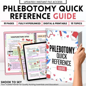 May include: A phlebotomy quick reference guide with 91 pages, fully hyperlinked, digital and printable. The cover features the title in large black letters with a red accent. A tablet and spiral notebook display venipuncture sites and legal ethics information.