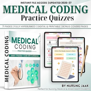 以下が含まれることがあります： デジタルおよび印刷可能な医療コーディング練習クイズセット。画像には、クイズと解答用紙が表示された本といくつかのタブレットが写っています。本の表紙には「Medical Coding Practice Quizzes」と書かれています。タブレットには「Fill In The Blanks Answer's Sheet」と書かれています。