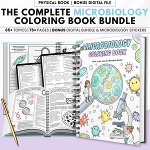 May include: A bundle of microbiology coloring books with the text "THE COMPLETE MICROBIOLOGY COLORING BOOK BUNDLE". The book includes 65+ topics and 75+ pages. The cover features illustrations of microbes and a microscope.
