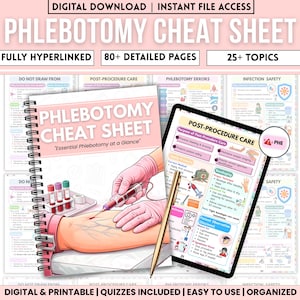 Könnte beinhalten: Ein Phlebotomie-Spickzettel mit dem Titel "Phlebotomy Cheat Sheet" und dem Text "Essential Phlebotomy at a Glance". Das Bild enthält ein Tablet, ein Spiralnotizbuch und medizinische Illustrationen. Der Text enthält "Digitaler Download" und "Quiz enthalten".