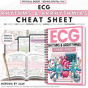 May include: A spiral-bound ECG Rhythms & Arrhythmias cheat sheet book with a pink cover featuring a heart illustration, a magnifying glass, and medical monitors. The open book displays detailed medical charts, text, and ECG tracings with a gold pen.