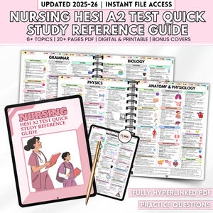 Pode incluir: Um guia de estudo digital para o teste Nursing HESI A2, cobrindo tópicos como gramática, biologia, física e anatomia. O guia é um PDF com questões práticas e capas de bônus. A capa mostra ilustrações de enfermeiras. O texto diz: 'Nursing HESI A2 Test Quick Study Reference Guide'.