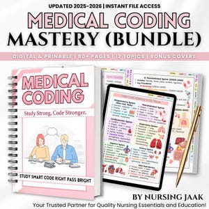 May include: A medical coding mastery bundle with a pink and white cover, featuring the text "Medical Coding Mastery (Bundle)". The bundle includes digital and printable pages covering 12 topics. A tablet and pen are also visible.