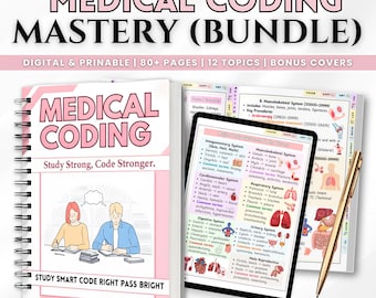 Bundel medische codering, 80+ pagina's codeerstudiegids, ICD-10 en CPT-referentiebladen, anatomie- of terminologiekaarten, digitale download