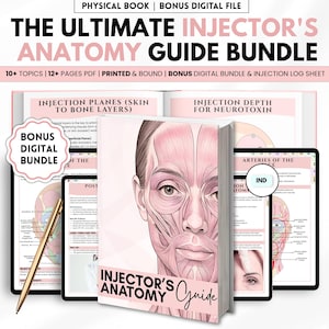 May include: A bundle of educational materials, including a printed book and digital files, titled "The Ultimate Injector's Anatomy Guide Bundle." The cover features a detailed anatomical illustration of a face. The bundle includes topics, PDF pages, and an injection log sheet.