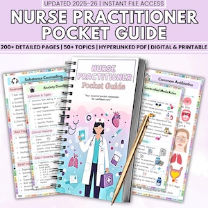 May include: A spiral-bound "Nurse Practitioner Pocket Guide" with detailed pages and topics. The cover features a nurse illustration and the title. Additional pages cover substance counseling, anxiety disorders, and common antibiotics. A gold pen rests on the pages.