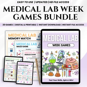 Op de afbeelding: Een digitale bundel medische labspellen, waaronder een memory match, doolhofspel, raadselspel, veiligheidsquiz en diagnosespel. De bundel wordt weergegeven op tablets en afgedrukte vellen, met de tekst "MEDICAL LAB WEEK GAMES BUNDLE". Inclusief een pen en wetenschappelijke illustraties.