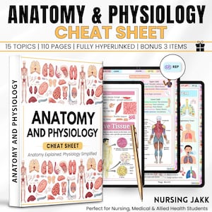 Peut inclure: Un livre blanc intitulé "ANATOMIE ET PHYSIOLOGIE CHEAT SHEET" avec des illustrations anatomiques, à côté de trois tablettes numériques affichant des schémas d'anatomie. Un stylo doré repose sur les tablettes. Le texte indique "15 SUJETS | 110 PAGES | ENTIÈREMENT HYPERLIÉ | BONUS 3 ARTICLES".
