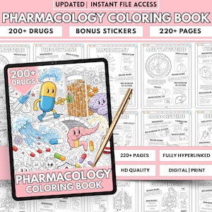 Puede incluir: Un libro para colorear de farmacología digital en una tableta, con un lápiz óptico dorado. La portada presenta el título "PHARMACOLOGY COLORING BOOK" y el texto "200+ DRUGS" y "220+ PAGES". La imagen incluye pegatinas de bonificación y está totalmente enlazada.