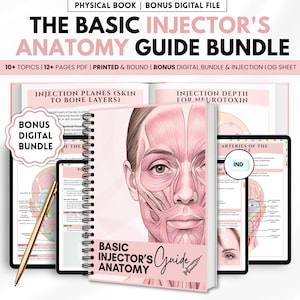 May include: A spiral-bound book titled The Basic Injector's Anatomy Guide featuring a pink anatomical face illustration. The bundle includes a printed book, digital PDF files, and a bonus digital bundle with injection log sheets and diagrams.