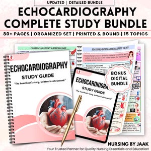 May include: A complete echocardiography study bundle with 80+ pages, organized set, printed and bound. Includes a study guide with the text "The heartbeat's story, written in ultrasound." Also includes a bonus digital bundle.