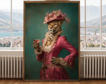 Leopard Lady Drinking Pink Cocktail Wall Art Print // Vintage Painting Style Portrait of Bold Maximalist Cat , Animal home decor