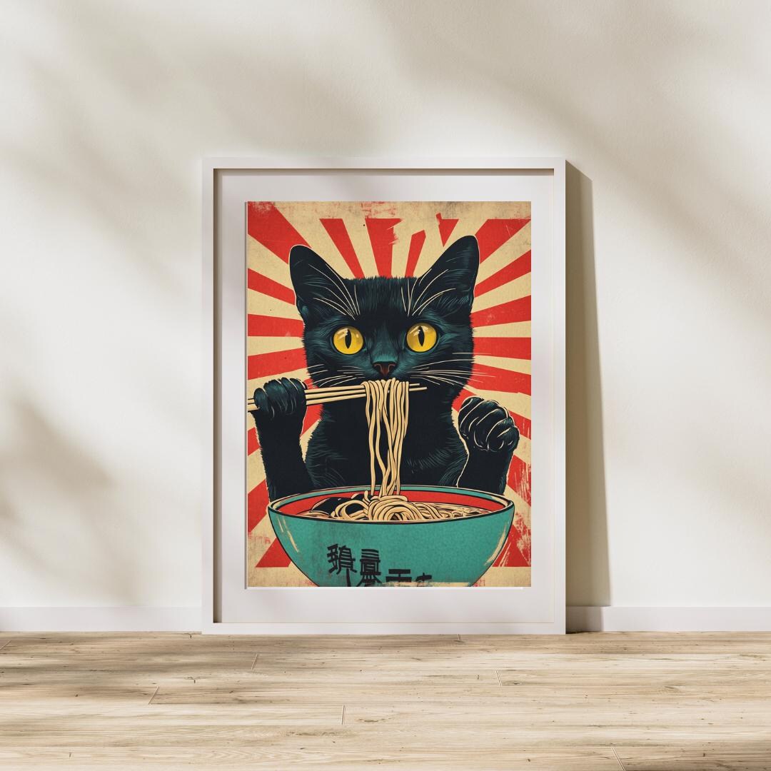 Cat Eating Ramen Poster: Retro Japanese Kitchen Art Print - Etsy